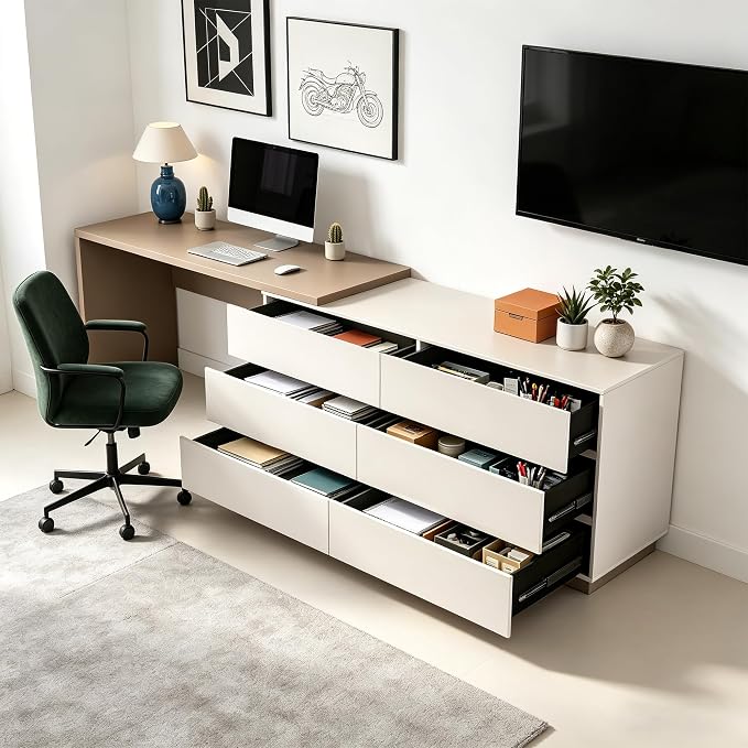 Retractable L-Corner Computer Desk with 6 Organizer Drawers for Games, Make-up, Home Office, Khaki (Khaki)