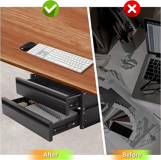 POPMOON 15 in 2-tier Under Desk Drawer,Adjustable Height, Under Desk Drawer Slide Out with Slide Extension Mounted Under Flat Wooden Table, Carbon Steel Hidden Desk Drawer for Office & Home