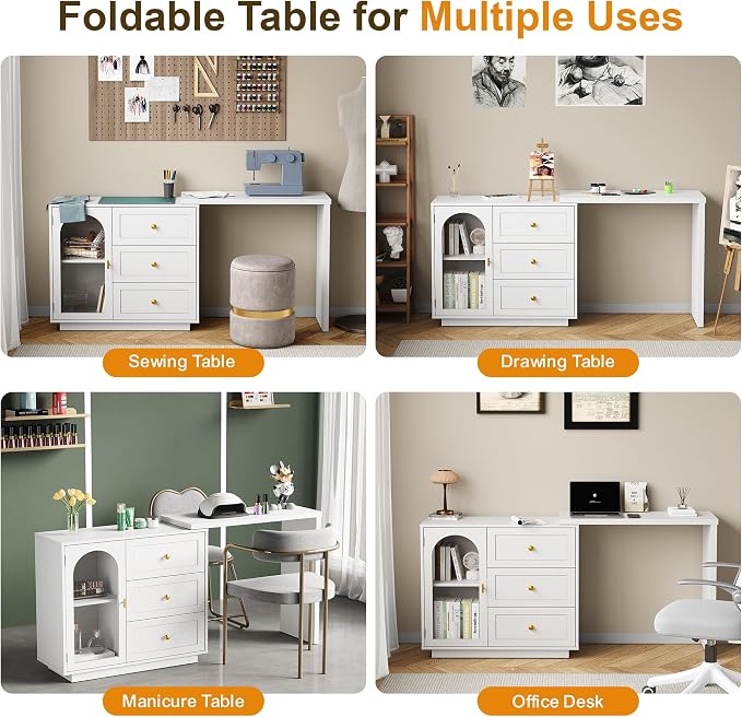 RoyalCraft 59” Makeup Vanity Desk, White Vanity Dresser Combo, Modern Dressing Table with 3 Drawer & 1 Door, Vanity for Bedroom, L Sharped Corner Table for Working, Drawing, Nail Care (Without Mirror)