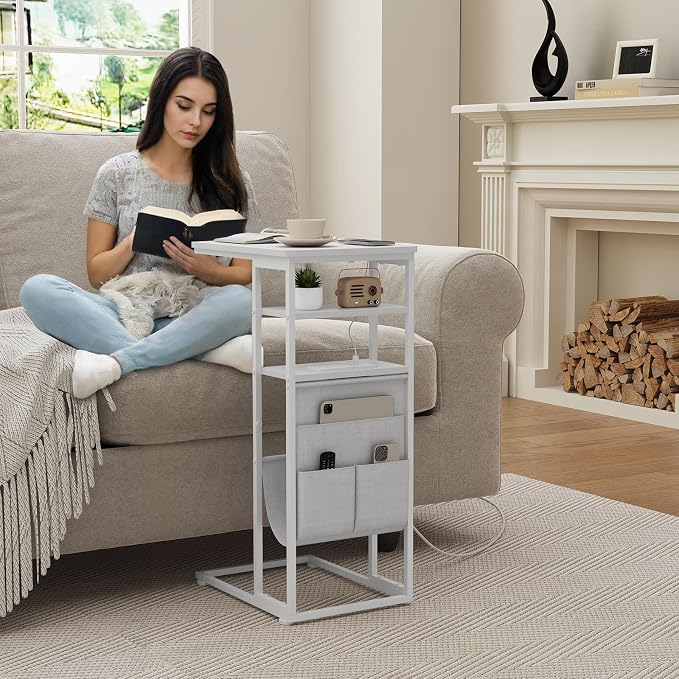 C Shaped End Table with Charging Station, 28"(H) 3-Tier C Table with Storage Bag, Under Couch Table C-Shaped End Table with Storage Shelves and Bag for Living Room, Bedroom, or Office