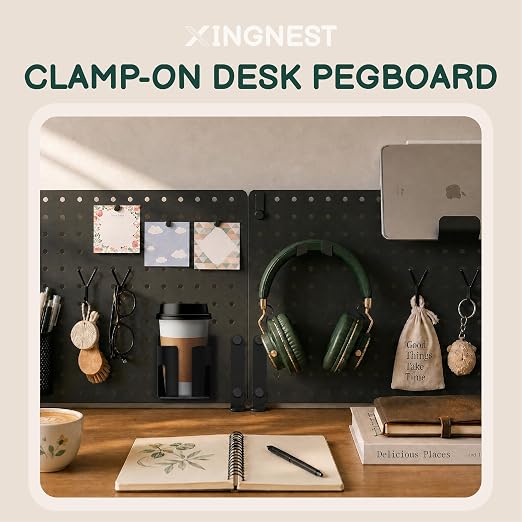 Clamp On Desk Pegboard 32" x 12" with Accessories - No Drill Metal Desktop Organizer & Privacy Panel - Vertical Storage Divider for Home Office and Gaming Setup, Black