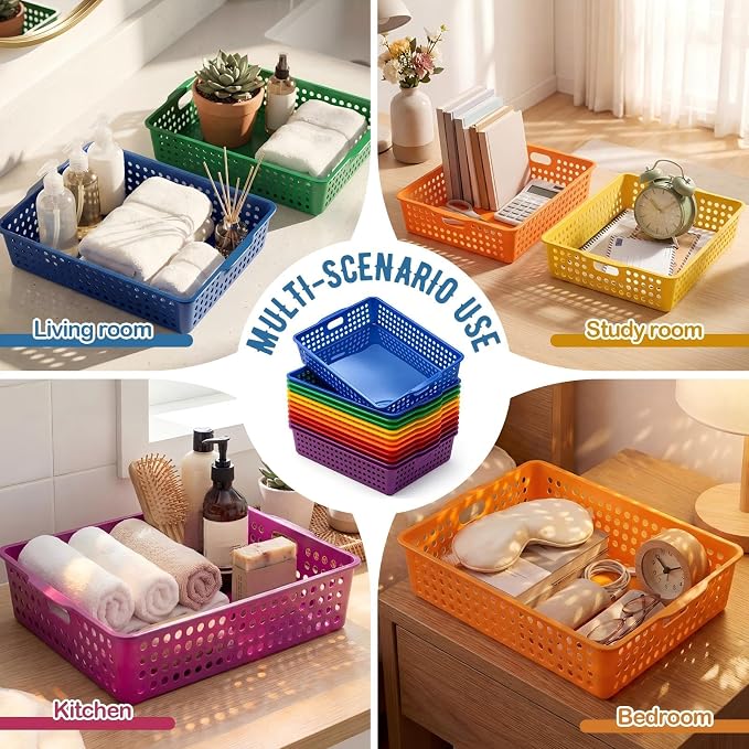 Geetery 12 Pack Classroom Storage Baskets with Handle 14''x10'' Paper Tray Holds A4 Turn in Trays Plastic Paper Baskets Desk Organizer Bin for Classroom, Library, Office, Home (Rainbow Color)