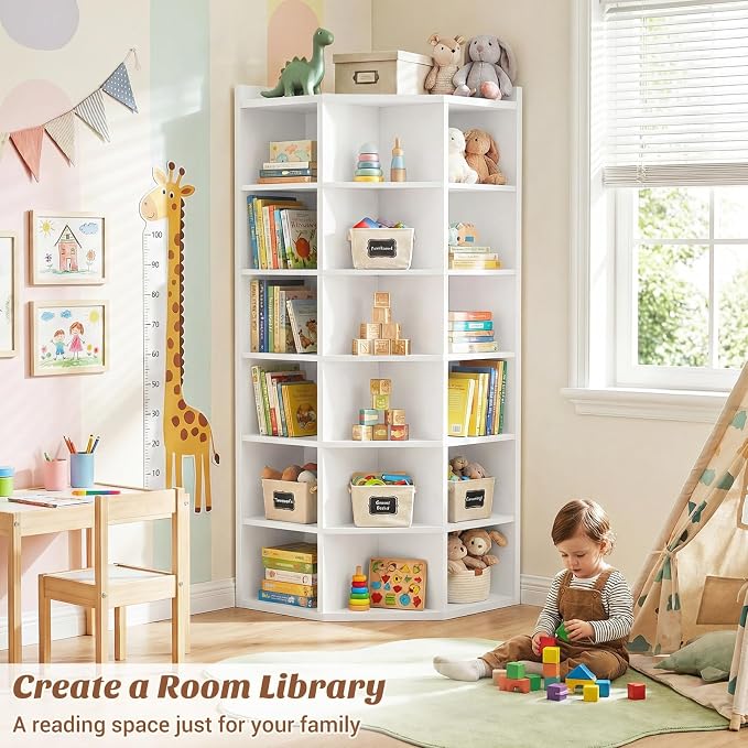 Aheaplus 7-Tier Wooden Corner Cube Bookshelf, Corner Storage Cabinet with 18 Cubes, Corner Cube Organizer Display Shelf with Top Table, Modern L Shaped Cubby Bookcase for Home Office, White