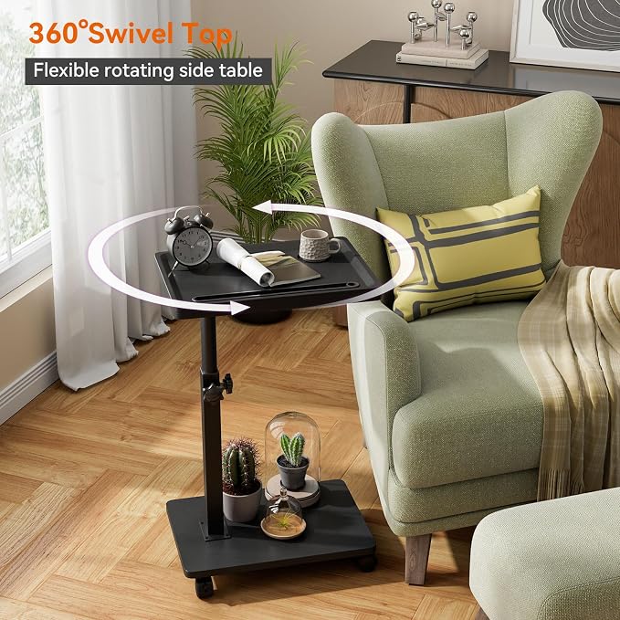 IBUYKE C Shaped Side Table Height Adjustable, 360° Swivel TV Tray Table with Wheels, End Table for Small Spaces,Living Room,Small Bedside Table for Eating, Dinner or Laptop,Black UTVT007B