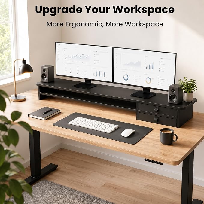 Dual Monitor Stand, 42.5 Inch Wood Monitor Riser with Drawers, 2 Tier Desktop Organizer for Computer Laptop TV, Large Screen Stand for Home Office Desk