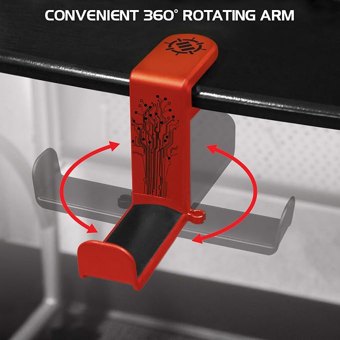 ENHANCE PC Gaming Headphone Holder - Desk Headphone Hanger Esports Headset Holder with Adjustable 360 Rotation, Under Desk Hook Clamp, Universal Fit - Built in Cable Clip Organizer - Red