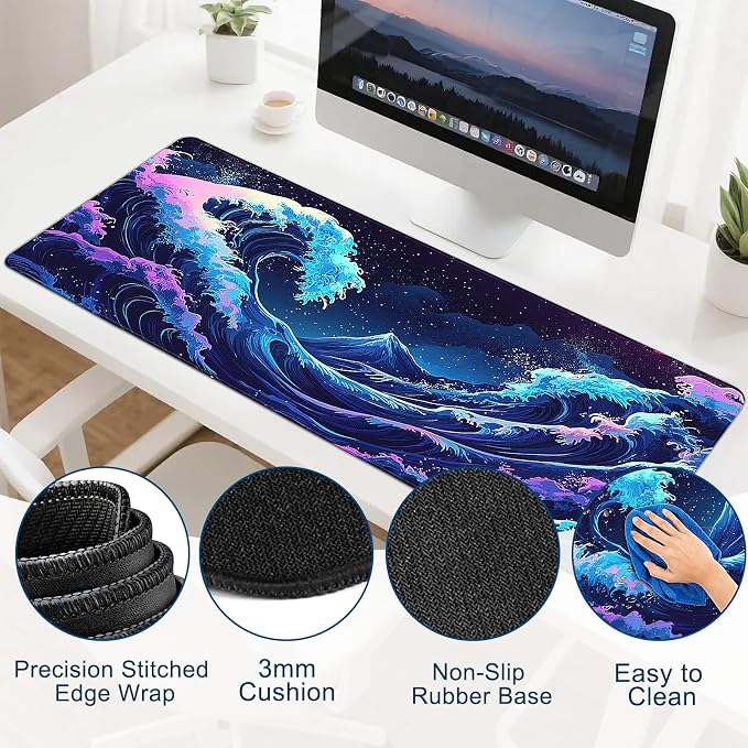 Gaming Desk Mat with Silky Smooth Surface & Exquisite Patterns,31.5x11.8 Inches Large-Sized Mouse Pad, Perfect for Extended Gaming,Work,and Home Office Decor (Japanese Waves 2)