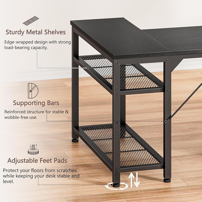 Furologee 57 Inch L Shaped Computer Desk with Power Outlets, Reversible Home Office Desk with Fabric Drawers, File Cabinet, Printer Table, Metal Storage Shelves, Corner Desk for Small Space, Black