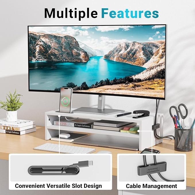 BONTEC Wood Monitor Stand Riser, 2-Tier Desktop Organizer with Storage, Ergonomic Computer Stand for Desk, Cable Management, Cellphone Holder, 21.3 Inch Shelf, White
