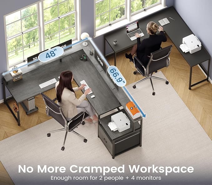 SEDETA L Shaped Desk, 66" Home Office Desk with File Drawer & Power Outlet, Gaming Desk with Led Lights, Corner Computer Desk with Monitor Shelf, Printer Storage Shelves, Two Person Desk, Grey