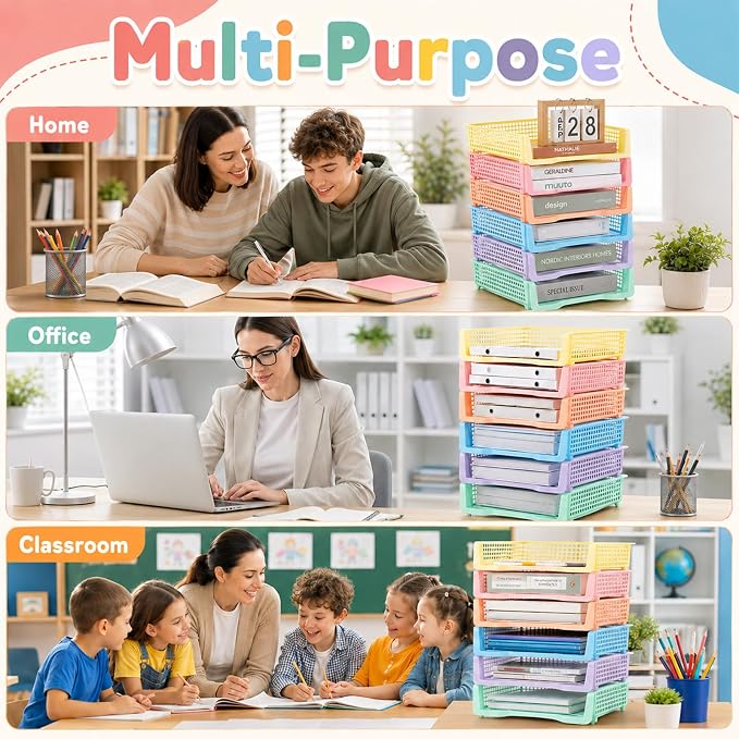 Set of 6 Pastel Turn in Trays for Teachers Stackable Classroom Paper Letter Trays Plastic Classroom Desk Letter Organizer Tray Storage Baskets for Library, Drawers, Office, Home