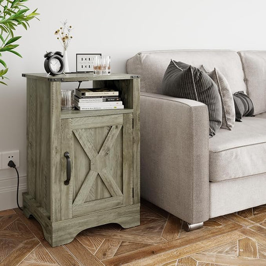 RoyalCraft 25" Tall Farmhouse Nightstand with Charging Station, Grey End Table with Storage, Large Wooden Rustic Bedside Table for Bedroom, Light Grey