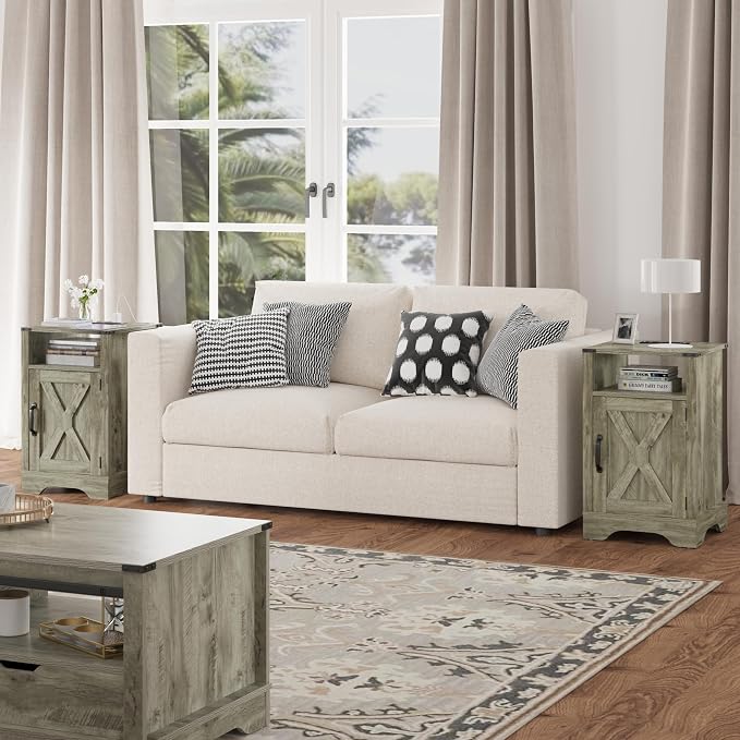RoyalCraft 25" Tall Nightstand Set of 2, Farmhouse Nightstand with Charging Station, Large End Table with Storage, Wooden Rustic Bedside Table for Bedroom, Light Grey