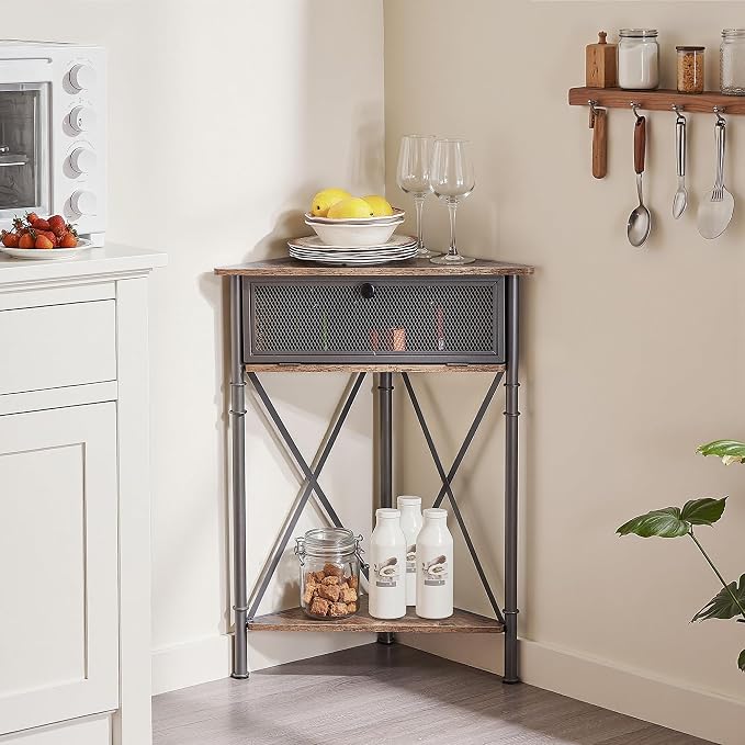 VECELO 3-Tier Corner Table,Mesh Door Cabinet and Open-Shelf,Corner Shelf Stand,Metal Frame Storage Shelf Organizer Display Shelves for Bedroom,Lobby Corner,Living Room,Kitchen,Bathroom