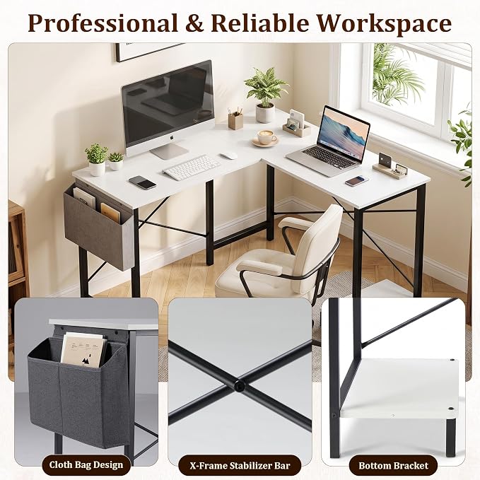 Alpen Corner Desk, L Shaped Gaming Desk with Storage Pocket and CPU Stand, Work Desk for Home Office, Small Corner Study Writing Table with Sturdy Metal Frame, 50 Inch, Classic White