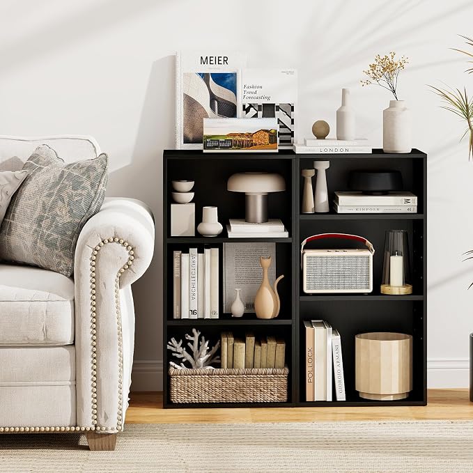 3 Shelf Bookshelf, 31.5” Small Bookcase with 2 Adjustable Shelves, Wooden Bookshelves and Bookcases, Modern Display Shelf, 3 Cube Storage Organizer for Home Office Bedroom (Black)