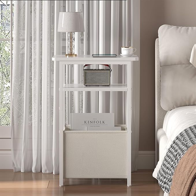 sthmec Narrow Side Table, Skinny End Tables with Fabric Basket, Small Side Tables for Small Space, 2-Tier Open Shelves with Basket, Slim Nightstands for Bedroom,Living Room,Office, White