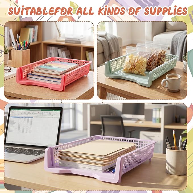 Tenceur 6 Pcs Turn in Trays Classroom, Stackable Tray for Classroom Plastic Storage Baskets Teacher Organizers for Library Drawers Office Desk (Trendy,Macaron Colors,13.3 x 9.5 x 2.7 Inches)