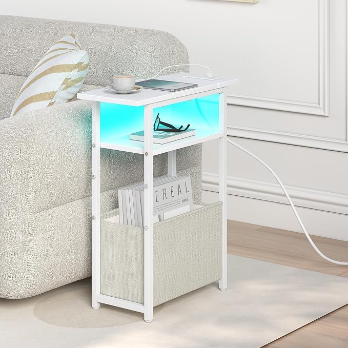 sthmec Narrow Side Table with Charging Station, LED End Table for Small Spaces, White Skinny Nightstands with Storage Basket, 3 Tier Sofa Bedside Tables for Living Room,Bedroom, White