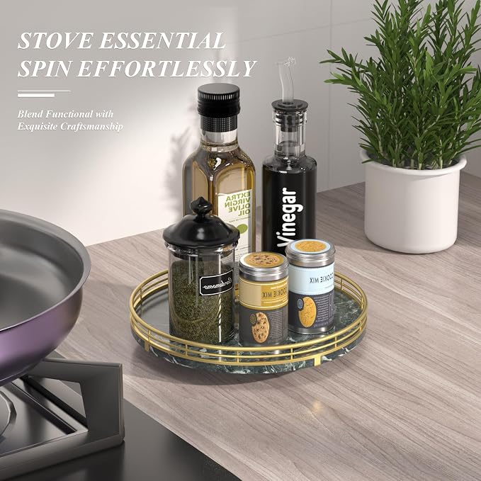 Green Marble Lazy Susan Turntable for Table Top – 10” Round Marble Tray Organizer for Dining Table, Kitchen Countertop & Bar, Luxury Stone Serving Tray with Gold Frame