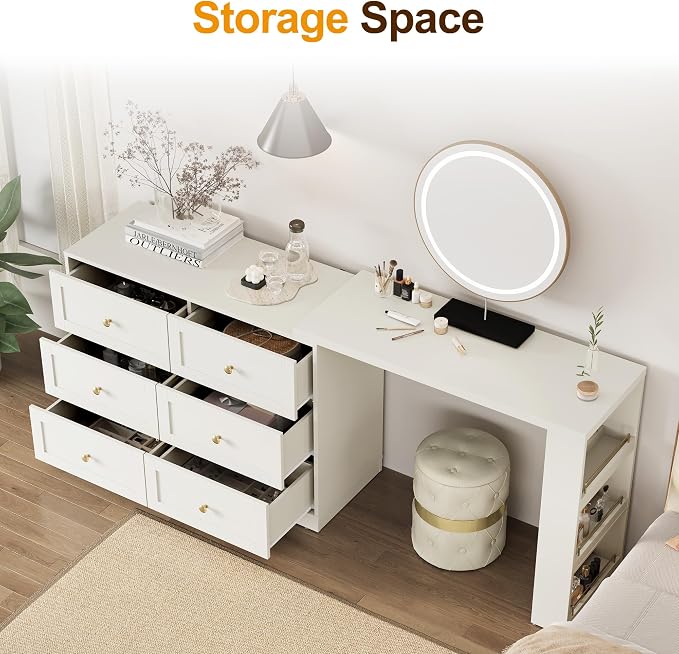 FansaFurn 67" Extendable Corner Vanity Desk, 3 in 1 Makeup Table with Rotatable Tabletop, 3 Side Shelves & 6 Drawers, L-Shaped Vanity Table and Dresser Combo for Bedroom, Dressing Room, White
