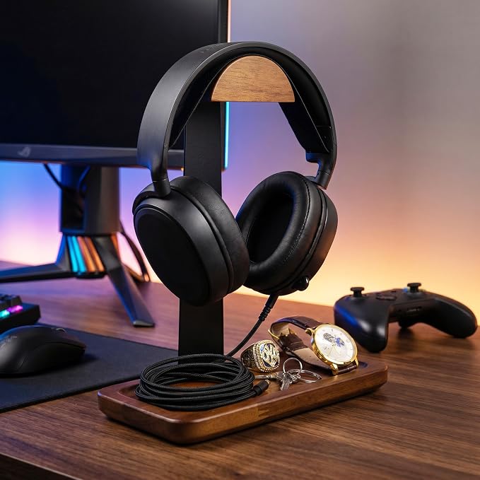 Gift for Men Headphone Stand with Storage Base, Stylish Headset Holder Gamer Gifts for Gaming & Desk to Keep Accessories Organized, Unique Gifts for Teenage Boy Brother on Birthday (Brown Wood)
