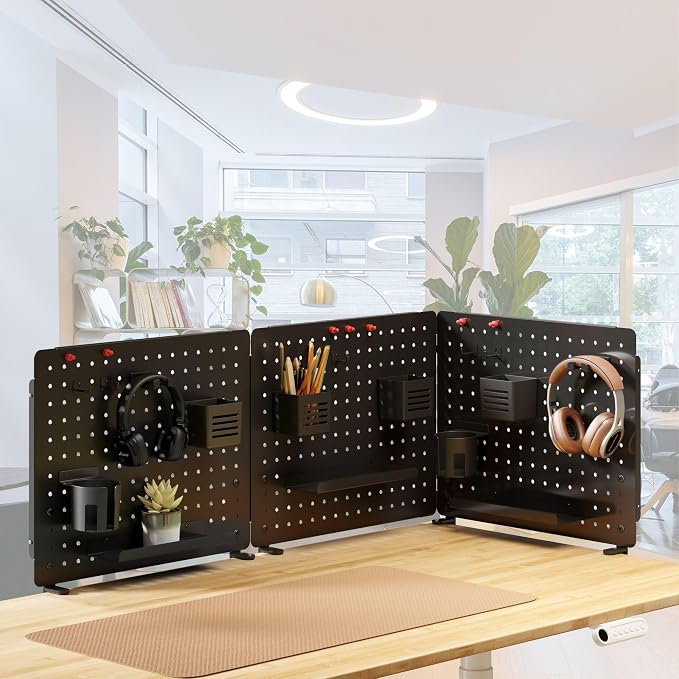 Kantek Pegboard Desktop Organizer & Accessories, Sits, Hangs or Clamps to Tables, 20.58” X 17” Black Steel Privacy Panel, Cup Holder, Pen Cup, Headphone Holder, Tray, Magnets, Easy Install