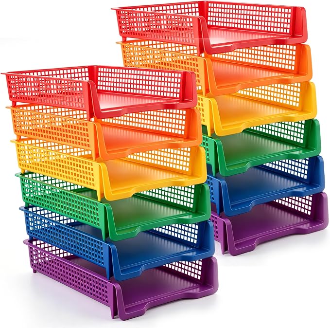 Geetery Set of 12 Plastic Trays for Teachers Turn in Trays Classroom Stackable Paper Tray Plastic Classroom Teachers Desk Letter Organizer Storage Baskets for Office, Desk, Home (Rainbow Color)