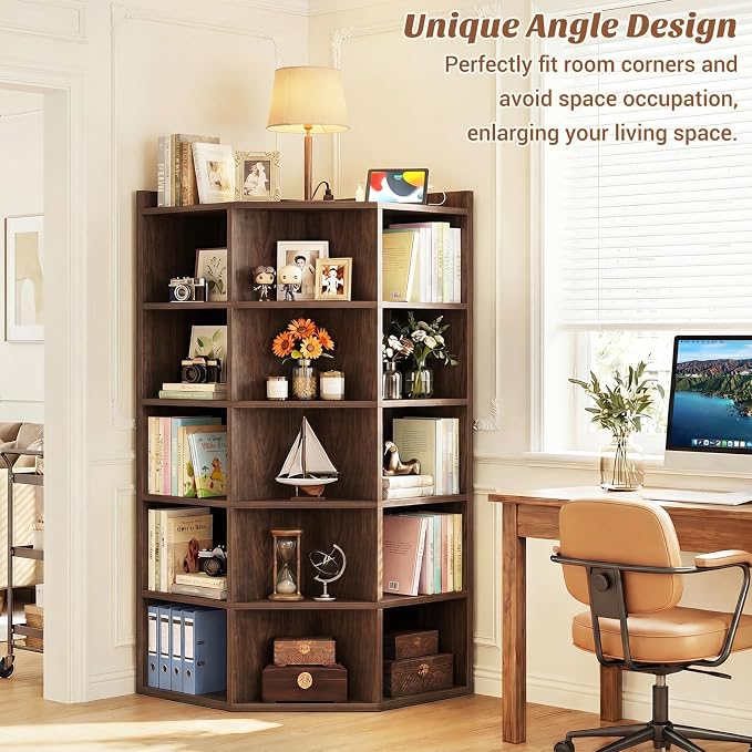 Aheaplus 6-Tier Corner Cube Bookshelf with Power Outlets, Wooden Corner Storage Cabinet with 15 Cubes, Corner Cube Organizer Shelf with Top Table, L Shaped Cubby Bookcase for Home Office, Black Walnut