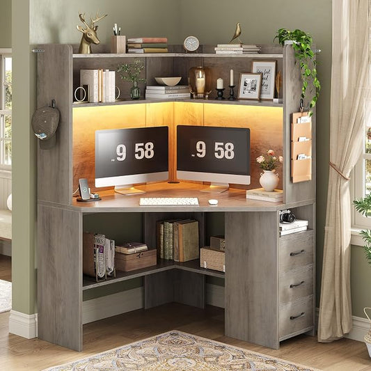 SEDETA 31.5" Small Corner Desk, Farmhouse Corner Desk with Hutch & 3 Drawers, Corner Desk for Small Space, Small Corner Computer Desk with Storage Shelves & LED Lights for Home Office, Grey