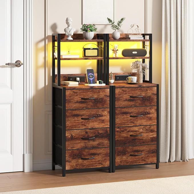 Tall Nightstand with LED Light, LED Night Stand with Charging Station and USB Type C Port, Bedside Table with 4 Fabric Drawers for Bedroom, Dorm, Office (Brown)