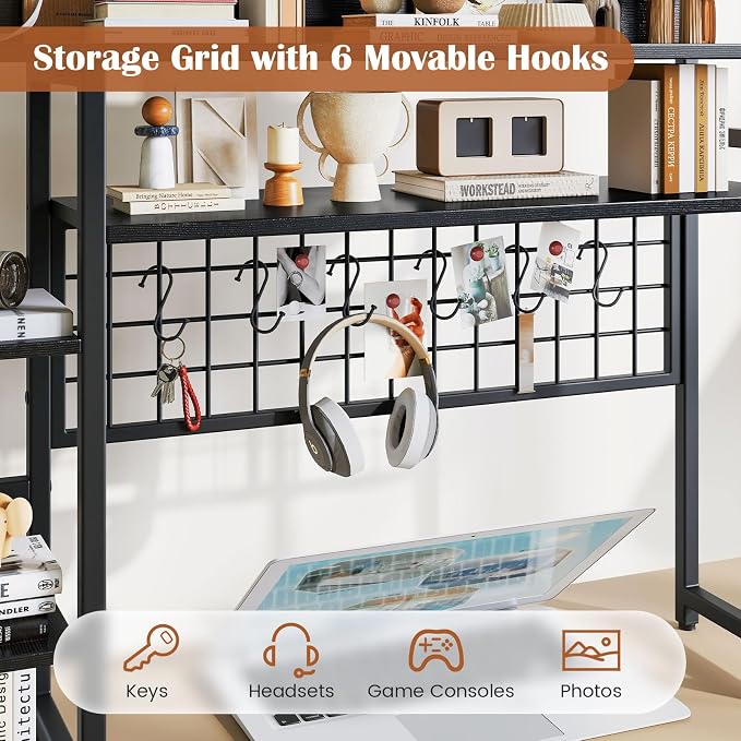 Giantex Desktop Bookshelf, 37" Desk Shelf for Up to 32" Computer Monitors, 4 Tier Desktop Display Shelves with Grid Panel, 6 Movable Hooks, Anti-tip Device, Desk Hutch for Home Office Dorm (Black)