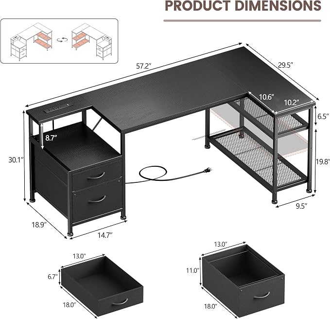 Furologee 57 Inch L Shaped Computer Desk with Power Outlets, Reversible Home Office Desk with Fabric Drawers, File Cabinet, Printer Table, Metal Storage Shelves, Corner Desk for Small Space, Black