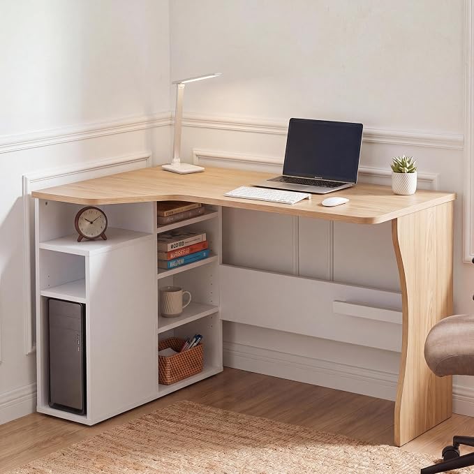 Garvee L Shaped Desk with Storage Shelves, Small Corner Desk for Small Spaces, Corner Table with 3 Tier Shelves, Home Office, Writing Study Gaming Desk Oak Wood