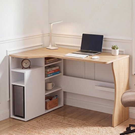 Garvee L Shaped Desk with Storage Shelves, Small Corner Desk for Small Spaces, Corner Table with 3 Tier Shelves, Home Office, Writing Study Gaming Desk Oak Wood