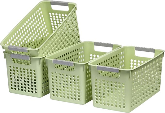 Soddeph Slim Plastic Storage Basket with Handles, Narrow Organizer box for Shelves, Organizer box for Organizing, Kitchen,Home,Office (Green, Medium)