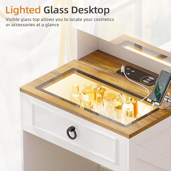 Gurexl 3 in 1 Small Vanity Desk with Lights and Mirror,Tall Lighted Compact Vanity with Charging Station,Makeup Vanity Set with Jewelry Armoire,Glass Top,Wheeled Stool,3 Drawers, White and Oak