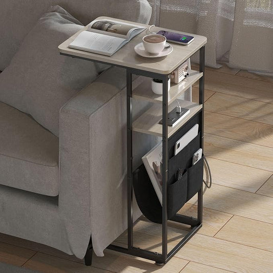 C Shaped End Table with Charging Station, 28"(H) 3-Tier C Table with Storage Bag, Under Couch Table C-Shaped End Table with Storage Shelves and Bag for Living Room, Bedroom, or Office