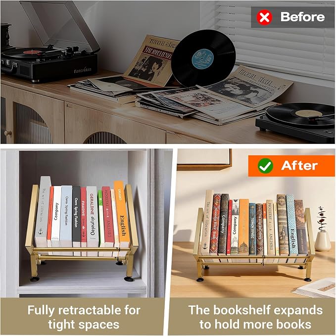 Expandable Desktop Bookshelf Organizer, Small Tabletop Book Storage Rack, Portable Mini Bookcase for Books/CDs/Magazine Display, Desk Shelf for Top of Desk in Living Room, Office, Home Decor (Gold)