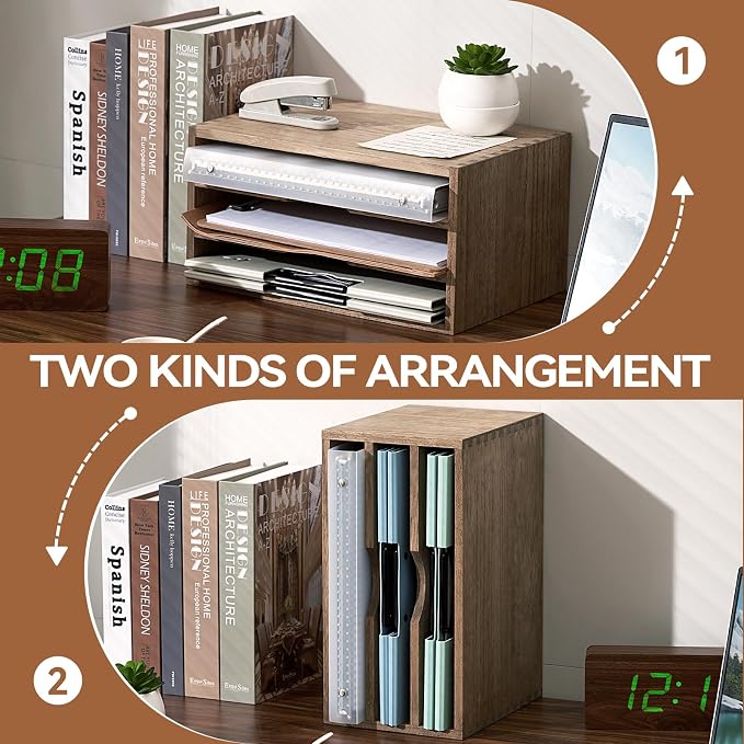 KIRIGEN Wooden Desktop Organizer, 3 Tier Solid Wood Letter Tray and Paper File Sorter for Desk, Freestanding Office Document Holder for Mail, Magazines, Folders, 13.78 x 9.45 x 7.08 in Brown 3KWJG-DBR