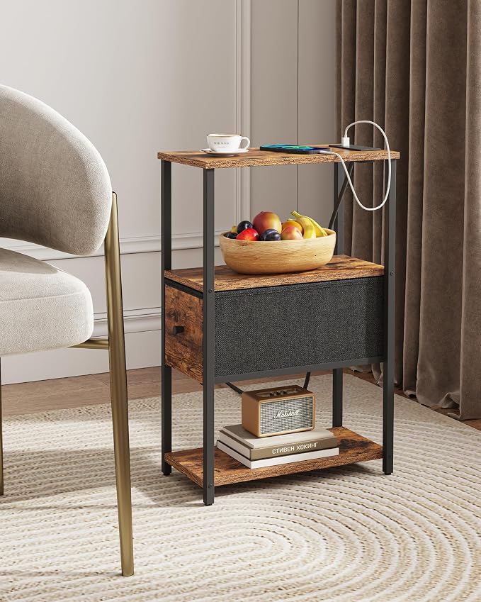 TUTOTAK Set of 2 Small Narrow End Table with Charging Station, Side Table with Outlets, Nightstand with Cloth Drawer, Couch Table, for Living Room, Bedroom, Bedside, Brown TB01BB058