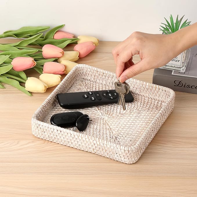 Hipiwe Key Basket for Entryway Table Handwoven Wicker Fruit Tray for Organizing Decor Rattan Serving Tray for Kitchen Living Room Bathroom, Whitewash