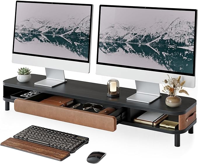Fenge Monitor Stand with Large Drawer, 42.5 Inch Dual Monitor Riser for 2 Monitors, Ergonomic Computer Desk Shelf with Soft Touch Leather & Storage Organizer for Laptop, Computer, TV, PC, Printers