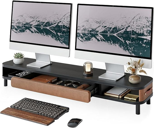 Fenge Monitor Stand with Large Drawer, 42.5 Inch Dual Monitor Riser for 2 Monitors, Ergonomic Computer Desk Shelf with Soft Touch Leather & Storage Organizer for Laptop, Computer, TV, PC, Printers