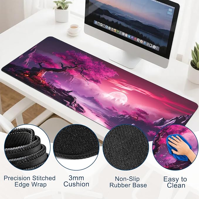 Gaming Desk Mat with Silky Smooth Surface & Exquisite Patterns,31.5x11.8 Inches Large-Sized Mouse Pad, Perfect for Extended Gaming,Work,and Home Office Decor (Full Moon 3)