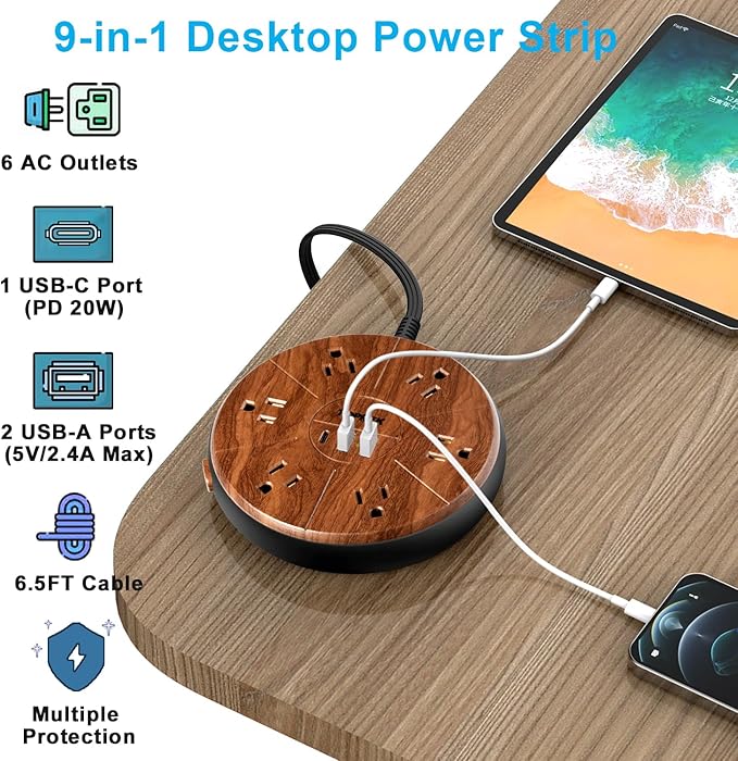 Power Strip with USB - 6 Outlets, 1 USB-C (20W PD), 2 USB-A - Wood Finish Power Strip Surge Protector, 6.5 ft Flat Extension Cord for Home Office, Dorm Desk