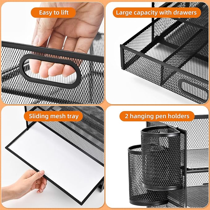 Lavatino 5 Tier Paper Organizer for Desk, Letter Tray with Drawer and 2 Pen Holders, Mesh File Sorter, Desktop Document Shelf Storage Organization Office School Home Black with Drawer