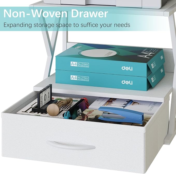 aboxoo Printer Stand for Desk with Storage Drawer, 2 Tier Desktop Or UnderDesk Shelf, Multi-Purpose Desk Organizer for Home Office, fit Fax Machine/3D Printer/Scanner, White