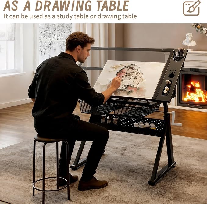 Hand Crank Adjustable Drafting Table with Tempered Glass Top, Height Adjustable Art Drawing Desk with Metal Drawers, Slide-Up Pencil Ledge & Stool, Drafting Desk for Home Studio Office