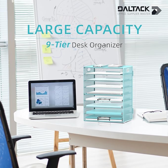 DALTACK 9-Tier Paper Organizer for Desk, Mesh Letter Tray Desk Organizer with Handles, Space-Saving File Organizer for Office Home School, Blue